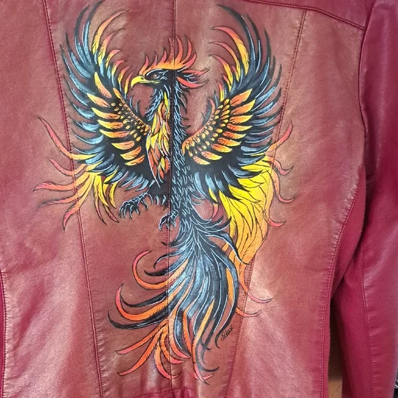 Hand Painted Faux Leather Jacket with Phoenix Art Size Large - Picture 3 of 17